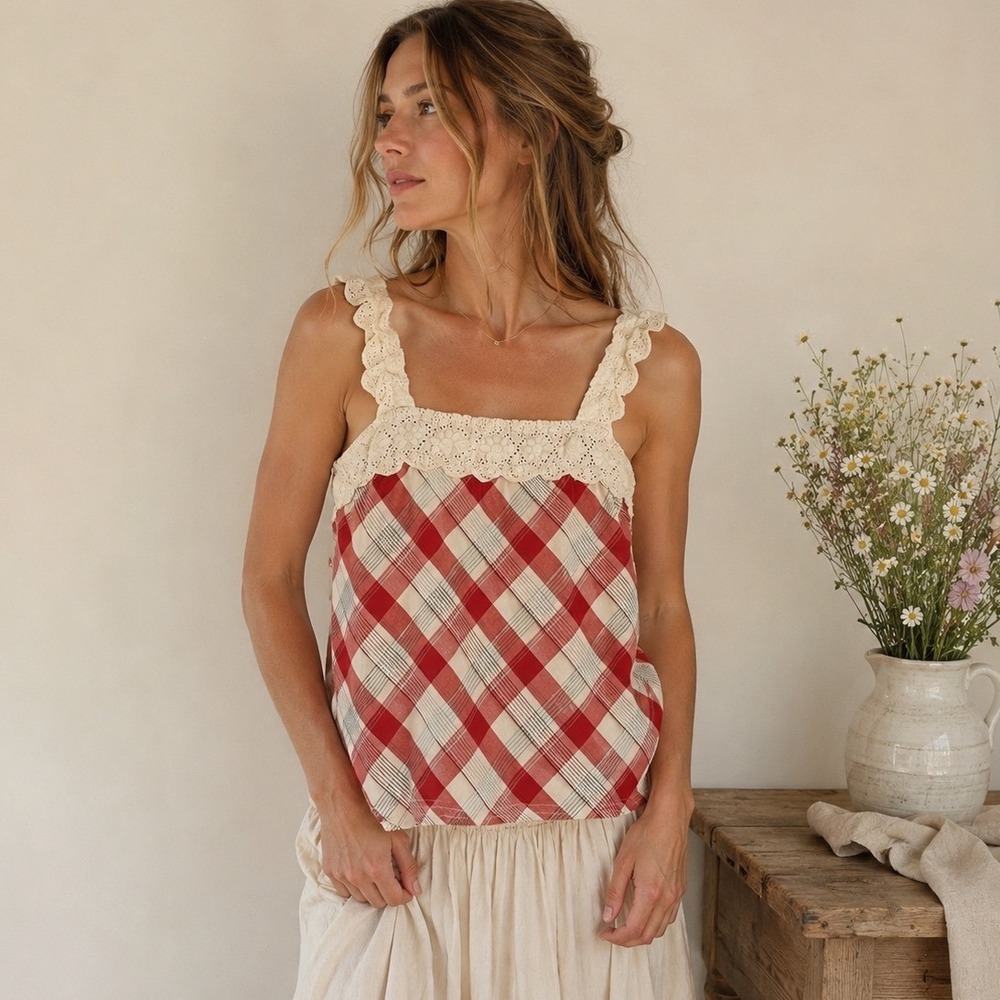Roxy Plaid Eyelet Lace Cami Tank Top Womens Size L Red White Cottagecore Cotton